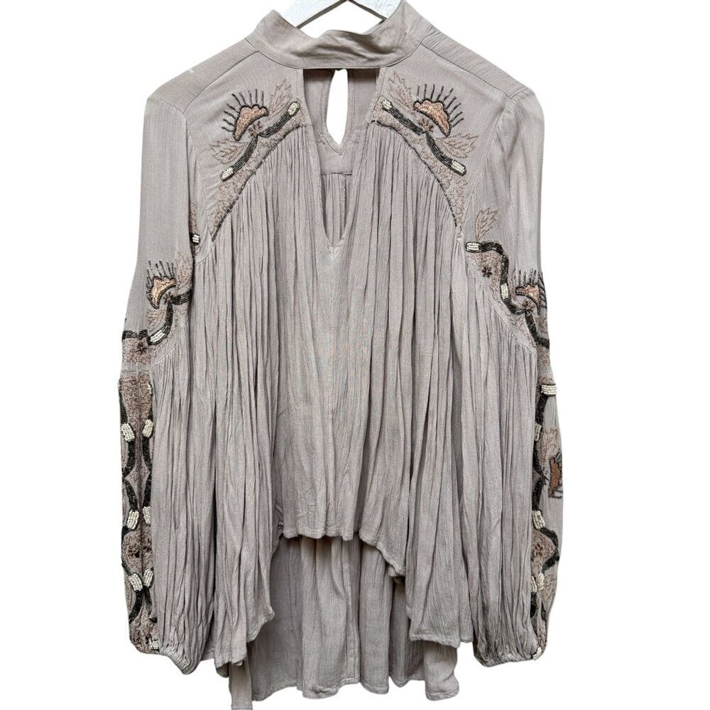 FREE PEOPLE Flowy Blouse XS Oversized Rayon Long Sleeve Boho Top Beaded Beige